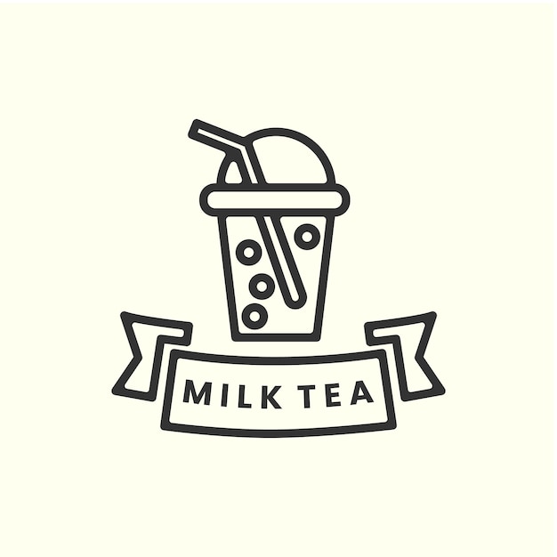 Tè al latte con linea arte stile logo icona modello design bolla boba ghiaccio illustrazione vettoriale