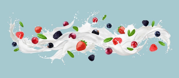 Vector milk wave splash met verse bessen en fruit