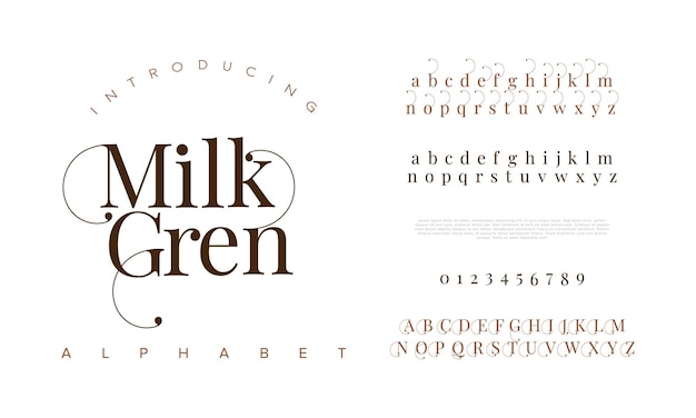 ミルクグレン プレミアム 高級エレガントなアルファベット文字と数字エレガントなウェディング タイポグラフィ クラシック