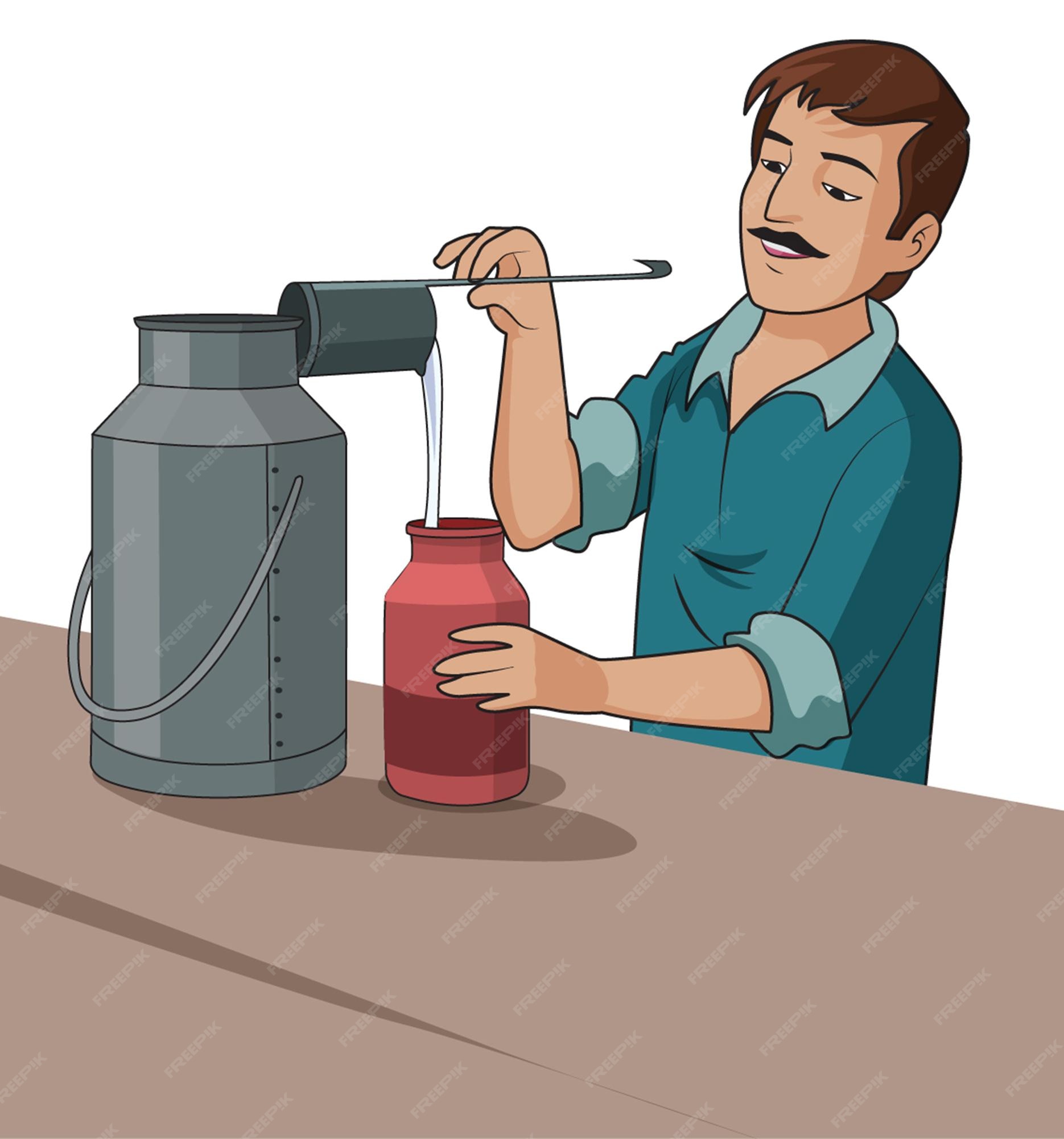 Premium Vector | A milkman taking out milk from the container and putting it into another jar Premium Vector | A milkman taking out milk from the container and putting it into another jar