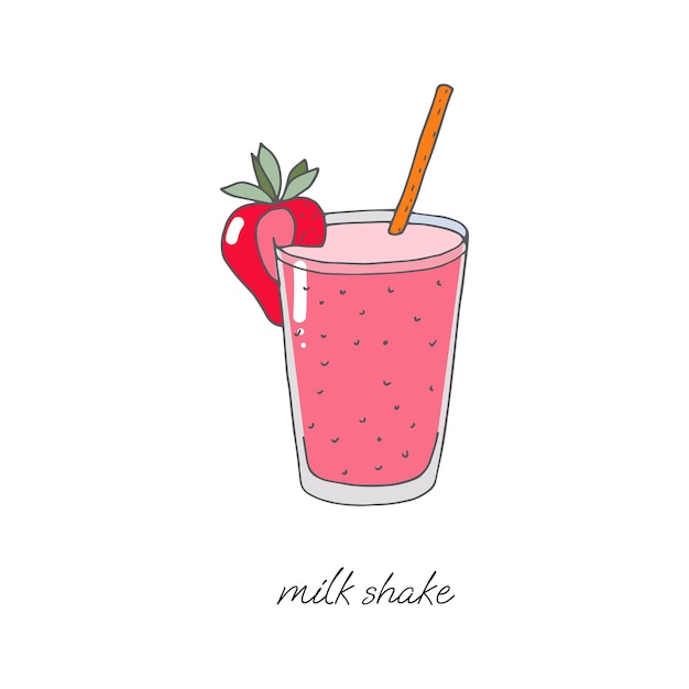 Milkshake in a glass with a straw and a strawberry on a white background