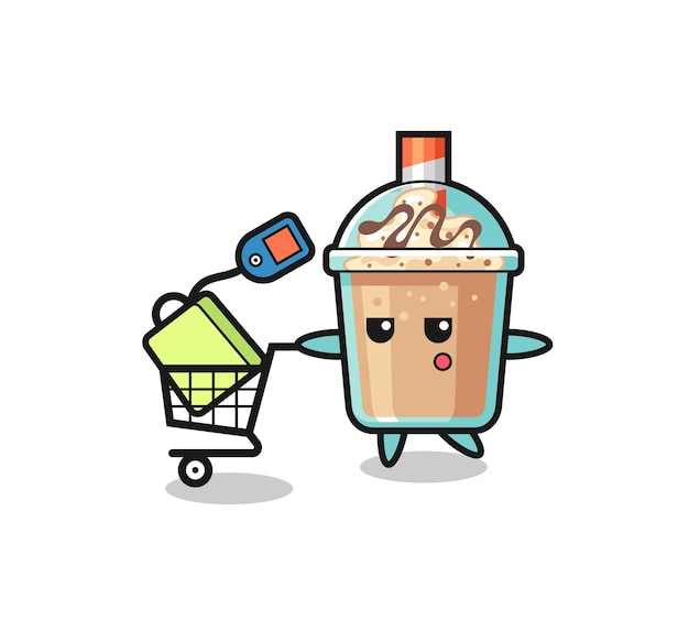 Мультфильм иллюстрация молочного коктейля с тележкой для покупок, милый стиль дизайна для футболки, стикер, элемент логотипа