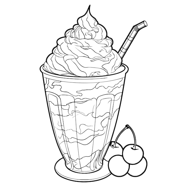 Milkshake Line Art Иллюстрация для листовок меню кафе рестораны общественного питания Кофе молочный коктейль со взбитыми сливками смузи кофе Glasse гранитный сок с ледяным латте какао