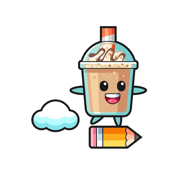 Milkshake-mascotteillustratie die op een gigantisch potlood rijdt, schattig stijlontwerp voor t-shirt, sticker, logo-element