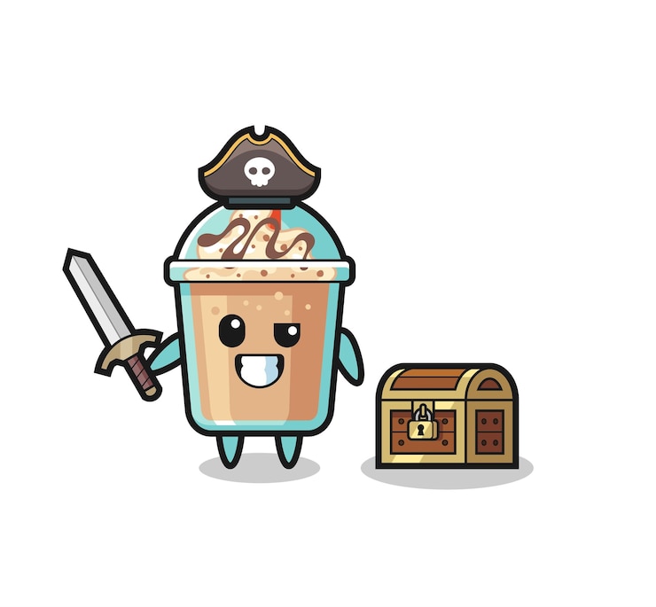 Vector the milkshake pirate character holding sword beside a treasure box , cute style design for t shirt, sticker, logo element