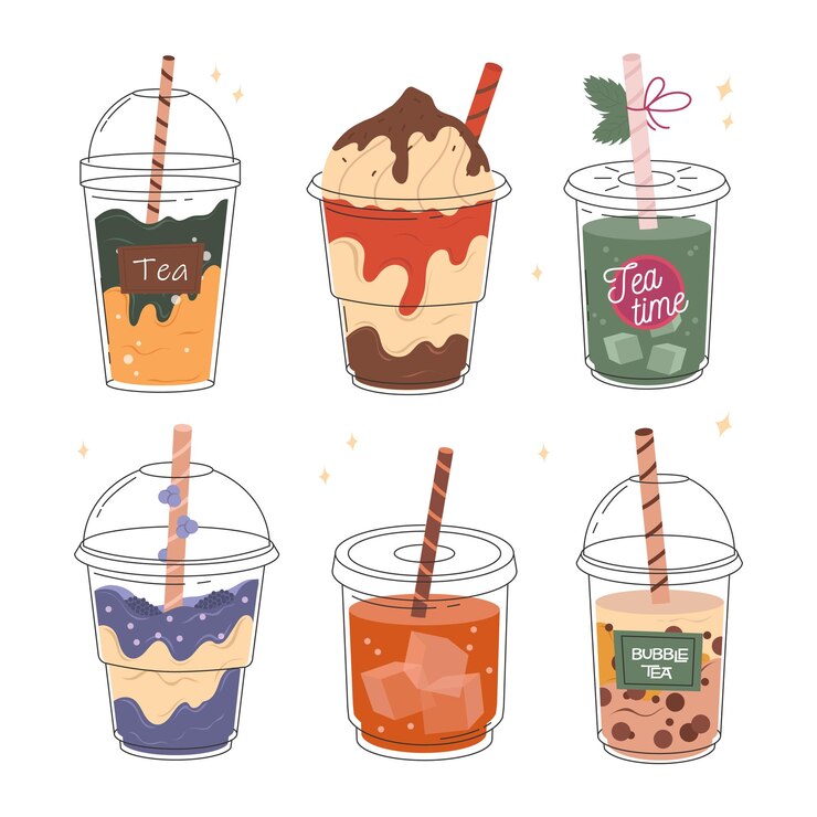 Vector milkshake and taiwanese bubble tea a set of soft drinks and iced tea pearl milk tea yummy drinks