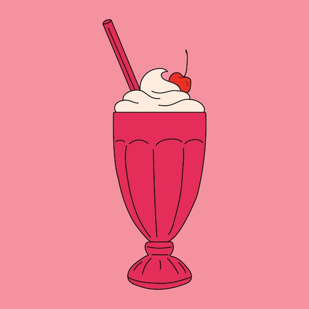 A milkshake with a cherry on top sits on a pink background