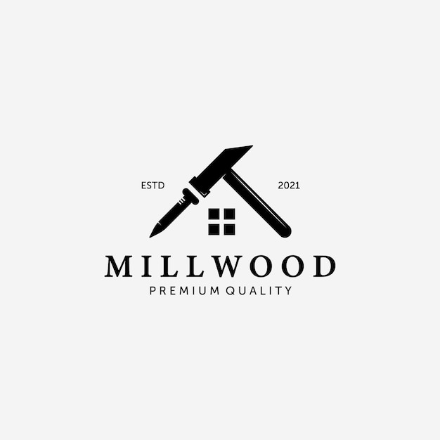 Mill wood house logo vector illustration of carpentry design vintage of hammer and steel