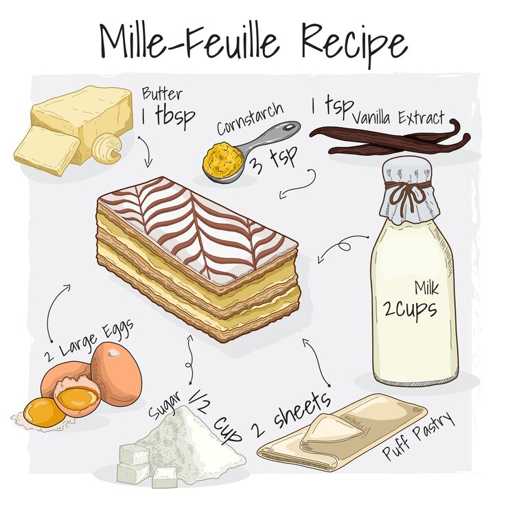 Mille Feuille Pastry Illustration Recipe Dessert with Ingredients