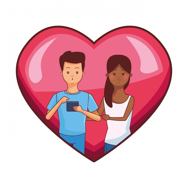 Millennial couple in heart frame cartoon