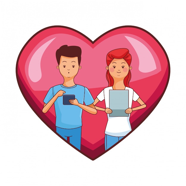 Millennial couple in heart frame cartoon