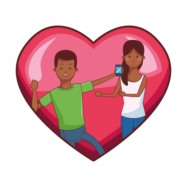 Millennial couple in heart frame cartoon