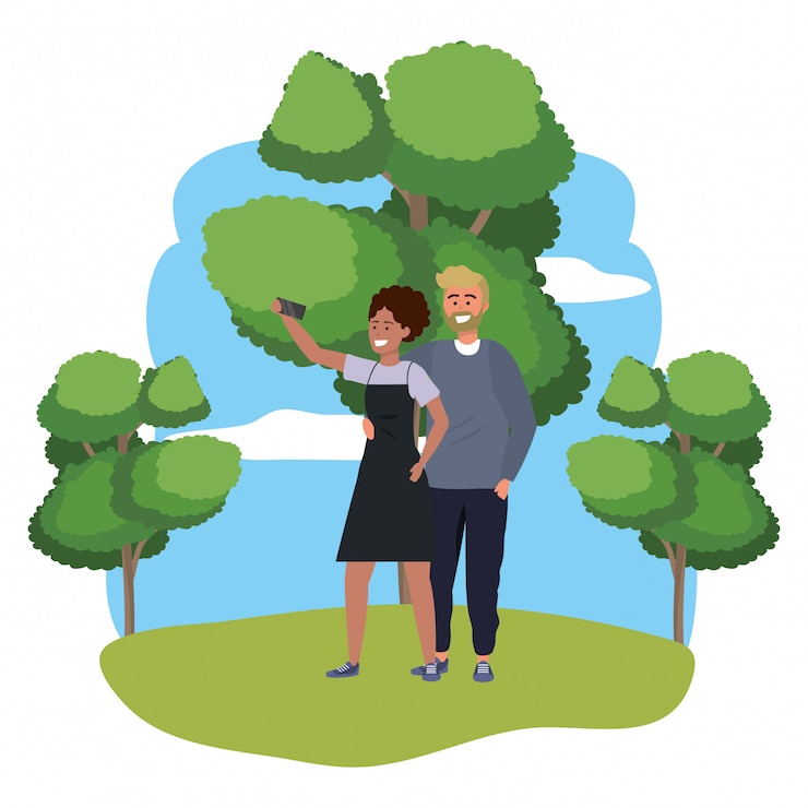 Vector millennial couple smartphone taking selfie frame