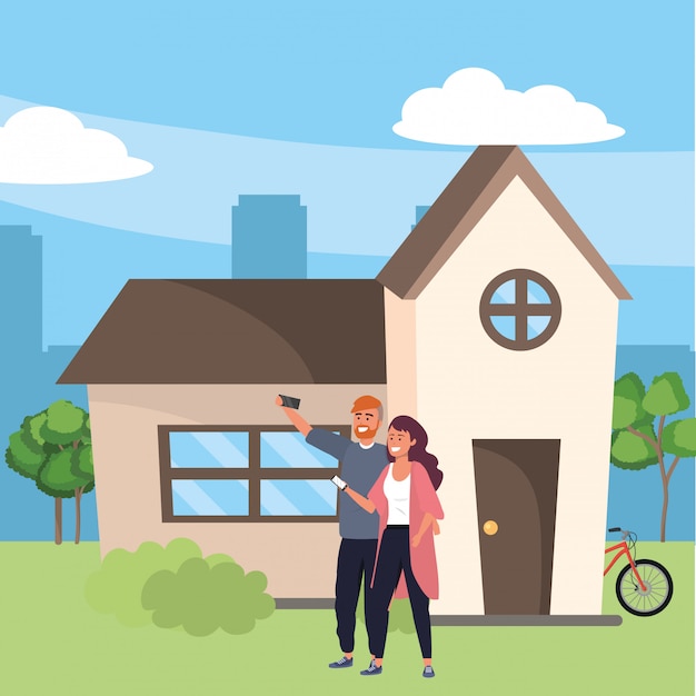 Vector millennial couple smiling selfie house