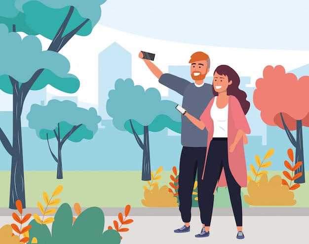 Vector millennial couple smiling selfie nature