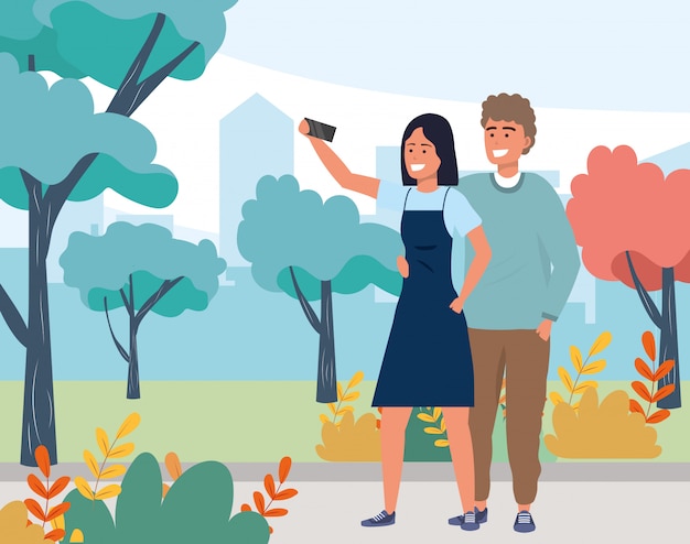 Vector millennial couple smiling selfie nature