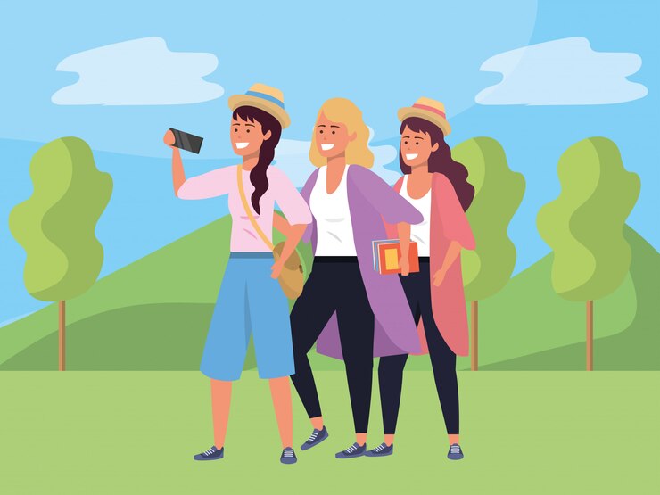 Vector millennial group taking selfie nature illustration