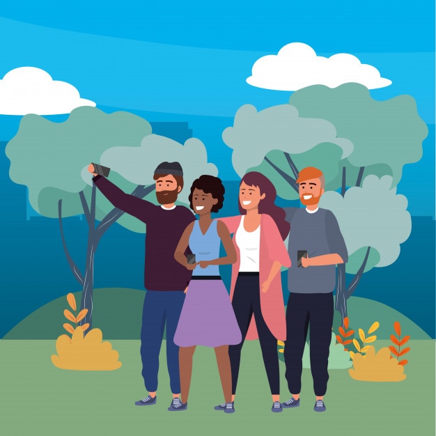 Vector millennial group taking selfie nature