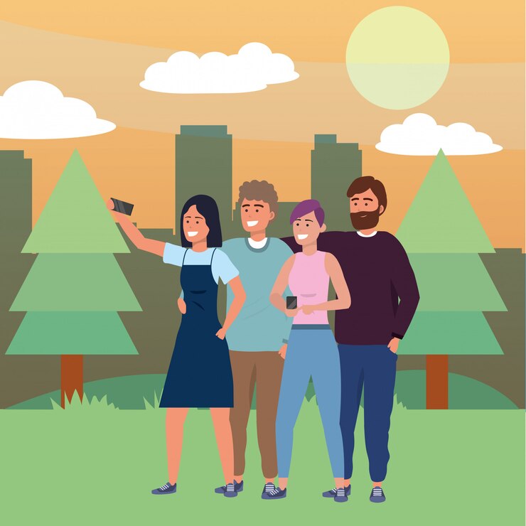 वेक्टर millennial group taking selfie nature