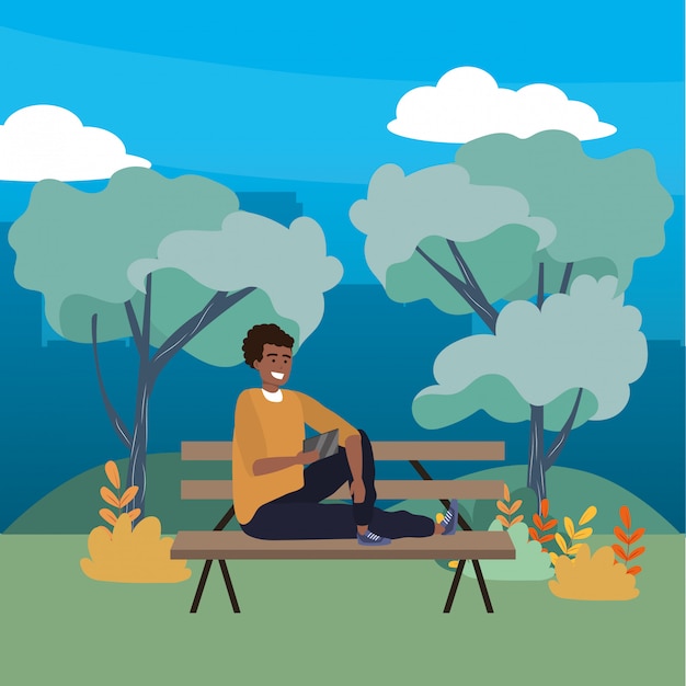 millennial person sitting on park bench 
