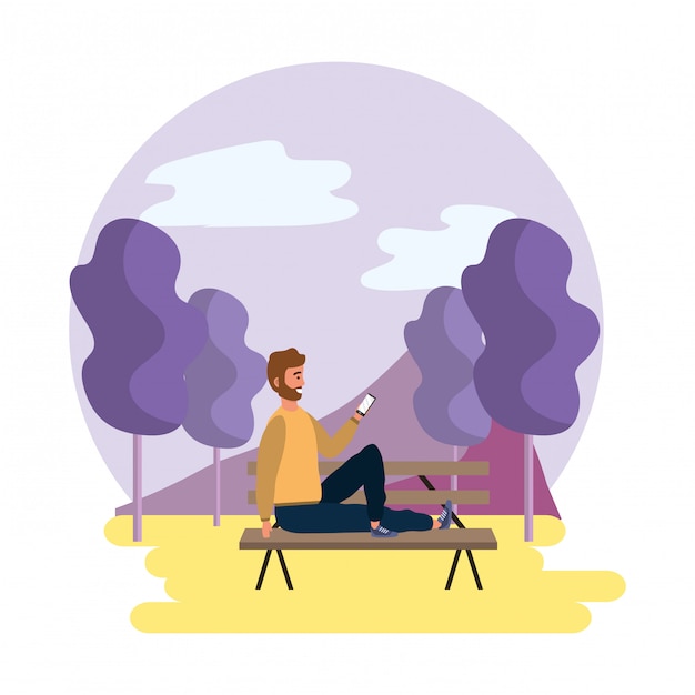Vector millennial sitting on park bench outdoors