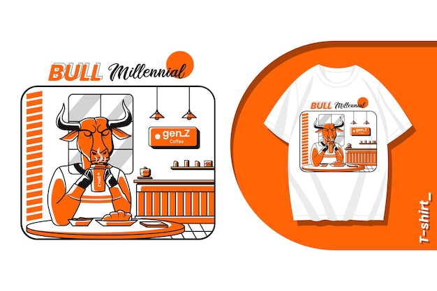 Millennial stier vector drinkt koffie in een café t-shirt illustratie