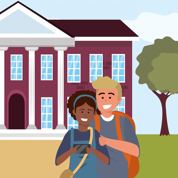 Millennial student couple on campus illustration