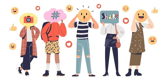 Millennials y generation people using social media for sharing emotions, posting and blogging. Influencers engagements for network communication concept. Cartoon flat vector illustration