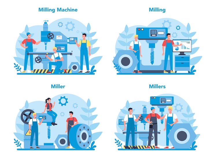 Vector miller and milling concept  set. engineer drilling metal with milling machine, detail manufacturing. industrial technology.    