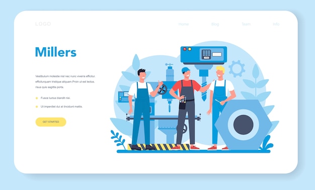 Miller and milling web  landing page. engineer drilling metal with milling machine, detail manufacturing. industrial technology. isolated flat vector illustration