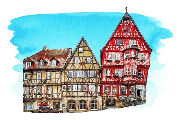 Vettore illustrazione disegnata a mano dell'acquerello di miltenberg germania isolata su priorità bassa bianca