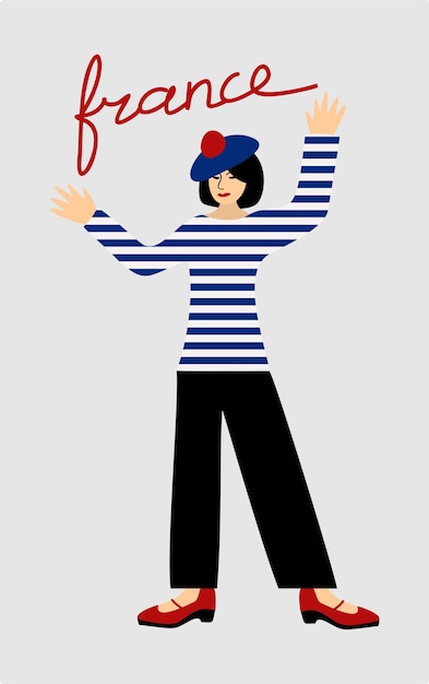 Mime. French girl in beret with pompom, striped top and black flared trousers.