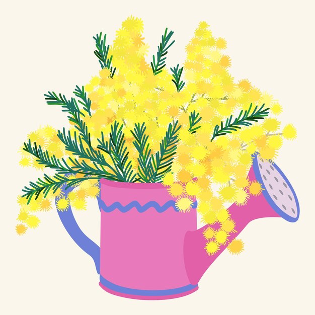 Vector mimosa branch in watering can bright floral vector isolated illustration