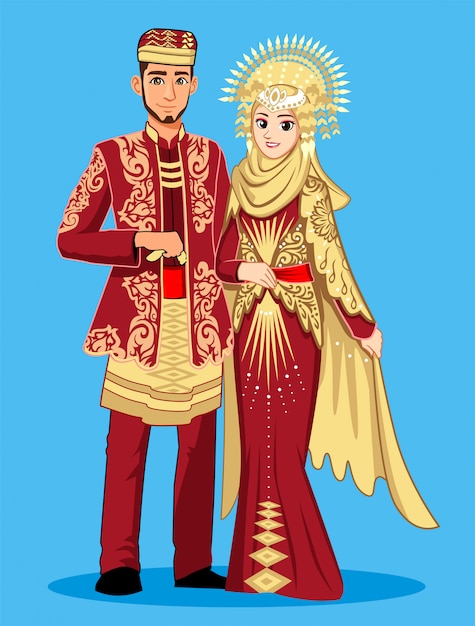 Minangkabau bride in maroon clothes.