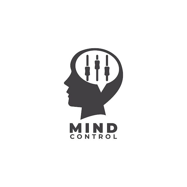 Vector mind control logo flat design template dark gray head shilhouette speech bubble or callout and equalizer logo concept isolated on white background