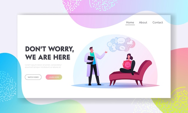 Vector mind health problem landing page template. depressed woman sitting at psychologist appointment for professional help. doctor, specialist character talk with patient. cartoon people vector illustration