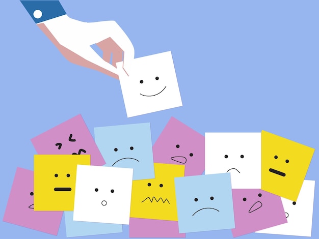 Mind Mental Health Concept Varieties of Mood and Emotion Inside Out many Sticky Notes on Board with Handwriting Cartoon Emoticon Face vector illustration