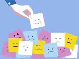Vector mind mental health concept varieties of mood and emotion inside out many sticky notes on board with handwriting cartoon emoticon face vector illustration