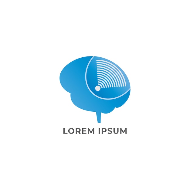 Modello di progettazione del logo mind power il cervello blu con il concetto di logo dell'illustrazione dell'onda del segnale wifi illustra la raffinatezza dell'innovazione dell'intelligenza artificiale isolata su sfondo bianco