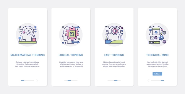 Mind processes line logical thinking ux ui onboarding mobile app page screen set