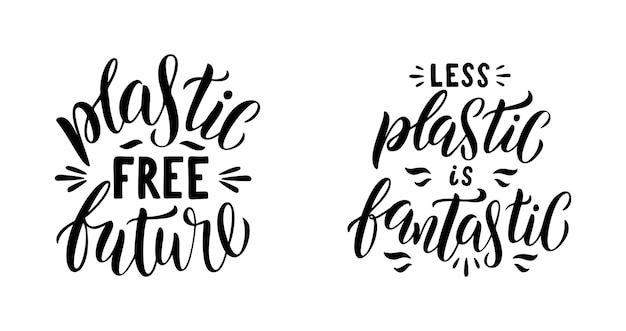 Minder plastic is een fantastische beletteringsset. Kunststof gratis toekomstige offerte. Collectie van ecologie motiverende zin. vector Hand getekend logo van nul afval leven. Typografie poster geïsoleerd op een witte achtergrond