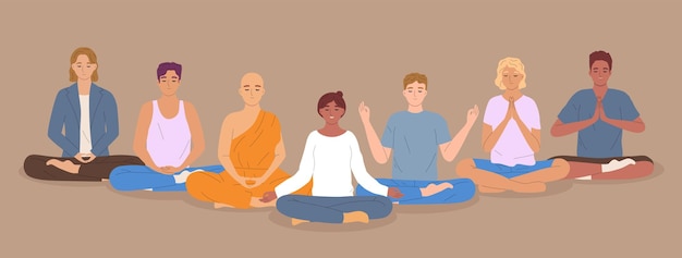 Vector mindfullness flat concept with group meditation in lotus pose vector illustration