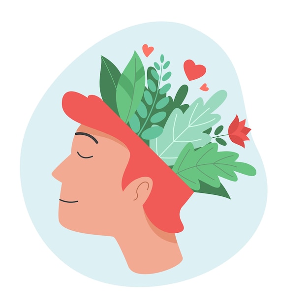 Vector mindfulness happy man with plants that symbolize happy thoughts