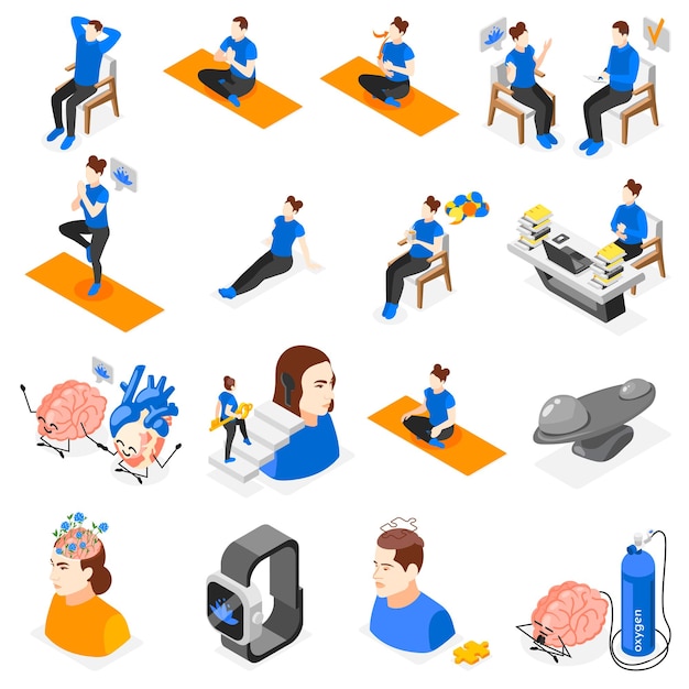 Mindfulness and meditation isometric set of isolated icons with human characters doing yoga with tracking gadgets vector illustration