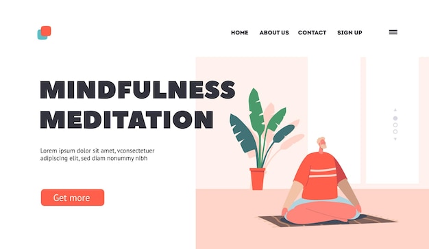 mindfulness meditation landing page template man meditating indoors in light hall sitting in yoga asana lotus pose