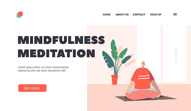 Mindfulness Meditation Landing Page Template Man Meditating Indoors in Light Hall Sitting in Yoga Asana Lotus Pose