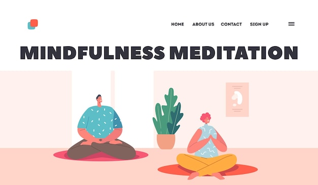 mindfulness meditation landing page template relaxation emotional balance people meditating characters in yoga class