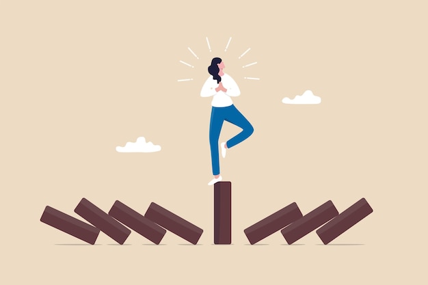 Vector mindfulness meditation relax to reduce stress and eliminate distraction, calm to build energy or spiritual wellness concept, success woman relax and meditating with yoga pose on standing domino.