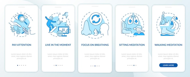 Mindfulness-technieken blauw onboarding-scherm voor mobiele apps