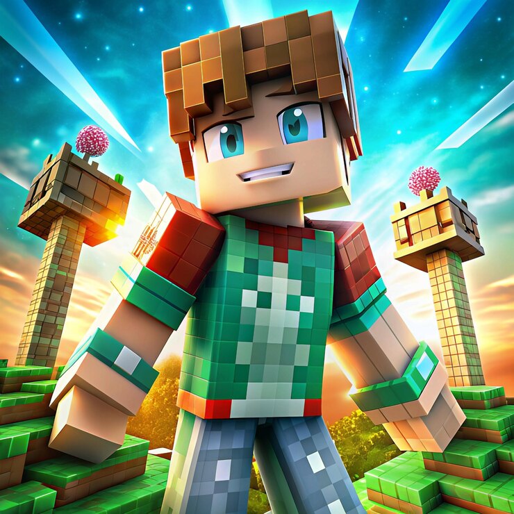 Игрок Minecraft с двумя башнями на заднем плане